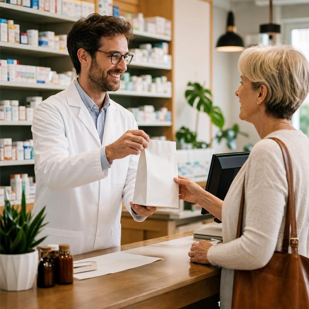 Pharmacist handing a prescription bag to a smiling patient at the pharmacy counter