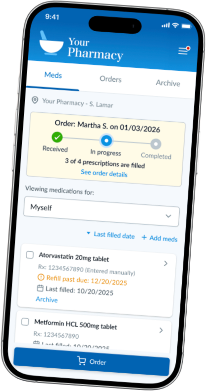 Patient portal app screen tracking a prescription order and listing medications